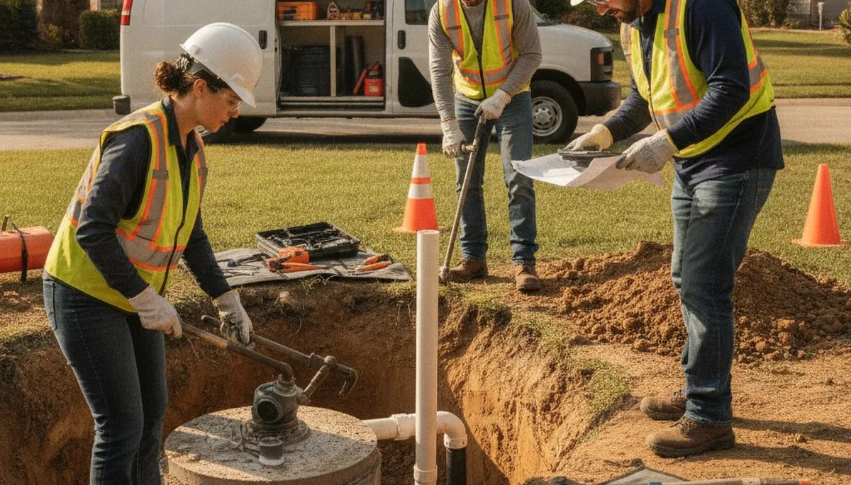 Redding, CA septic repair technician inspecting a home drain line for slow drain service
